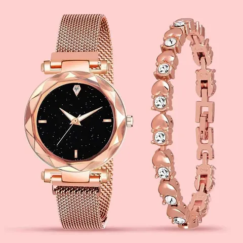 Swadesi Stuff Color Metal Strap Magnet Watch Diamond Bracelet Combo for Women Girls (Gold)