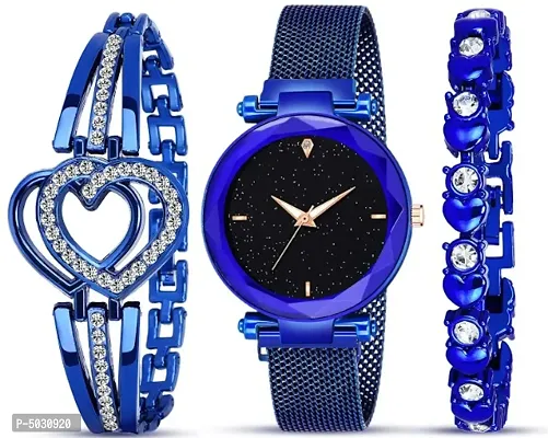 Blue Stylish Watch And Diamond Bracelet Combo Of 3-thumb0