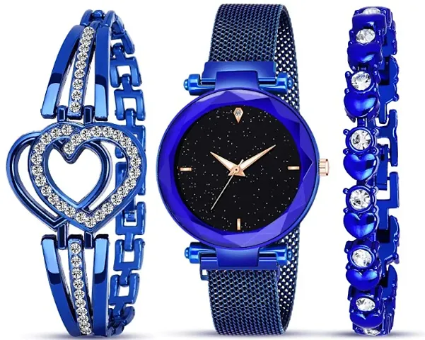 Diamond Studded Dial Magnetic Belt Analog Watch With Heart Shap Diamond Bracelet For Women/Girls Pack Of 3