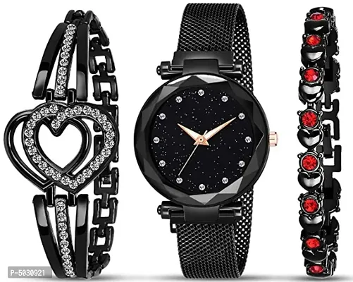 Black Stylish Watch And Diamond Bracelet Combo Of 3-thumb0