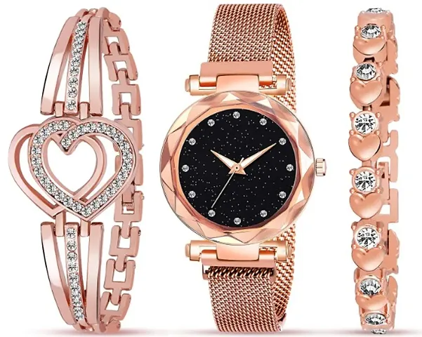 Diamond Studded Dial Magnetic Belt Analog Watch With Heart Shap Diamond Bracelet For Women/Girls Pack Of 3