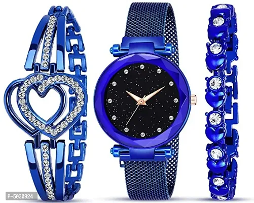 Blue Stylish Watch And Diamond Bracelet Combo Of 3