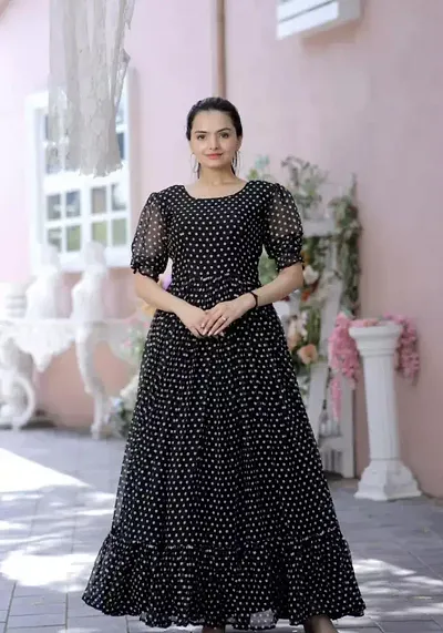 Stylish Georgette Polka Dot Printed Ethnic Gown