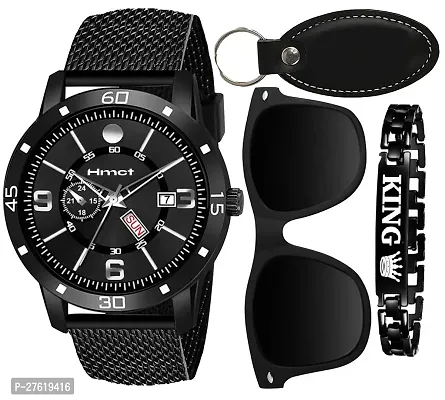 Stylish Black Dial Analog Mens Watch, Key Chain, Bracelet, Wallet