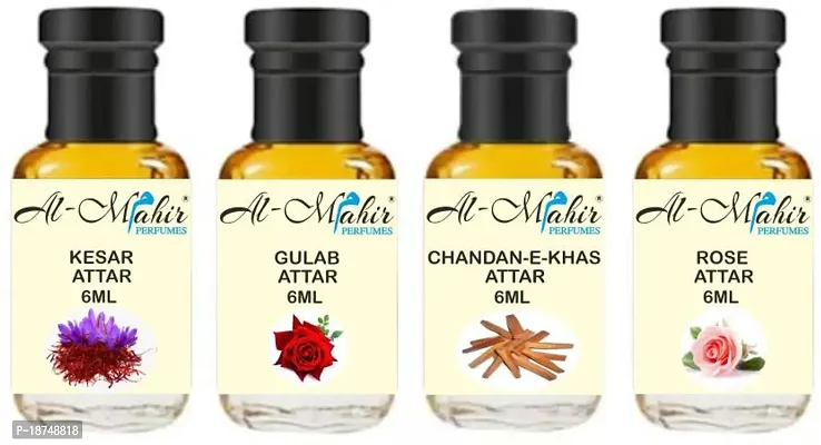 Charming Pack Of 4 Pcs Attar (Kesar, Gulab, Chandan-E-Khas, Rose) Floral Attar (Saffron, Rose, Sandalwood)