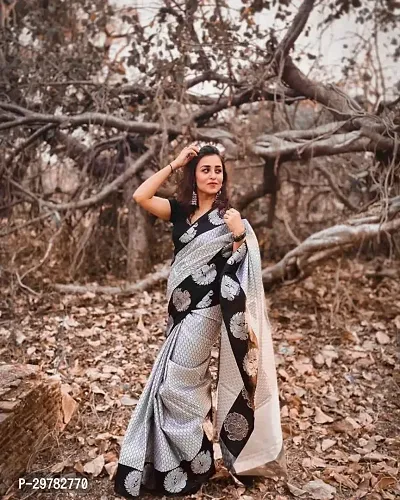 Stylish Grey Banarasi Silk Saree With Blouse Piece For Women