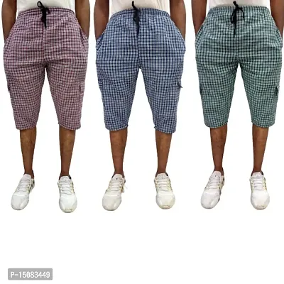 Men's Cotton Checkered Printed 3/4 Capri, Shorts, Multicolor Pack-of -3-thumb0