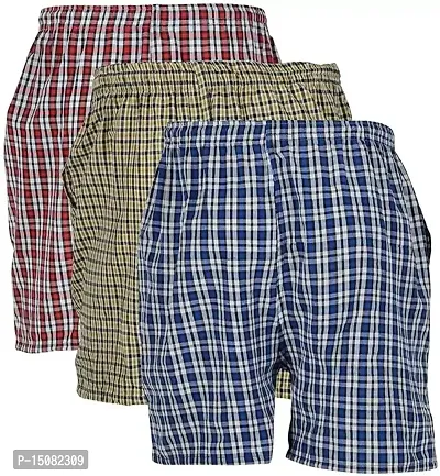 TOTO Industries Men's Multicolour Checkered Boxer Shorts Beach Shorts, Bermuda Short,Loose Fit Boxer Underwear, Button Fly Boxer Shorts,B03-(Pack of 03)-thumb2