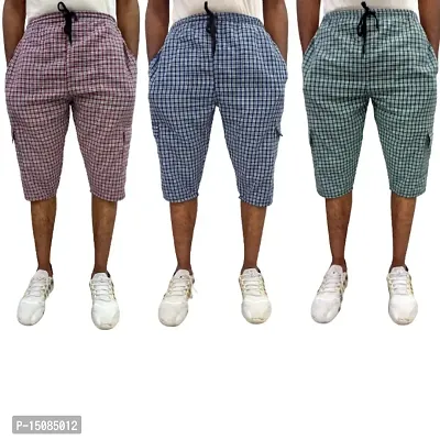 Men's Cotton Checkered Printed 3/4 Capri, Shorts, Multicolor Pack-of -3 (XL, Multicolored 1)-thumb0