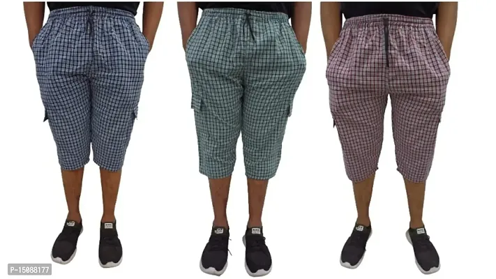 Fabus Men's Cotton Checkered Multicoloured 3/4th Capri Shorts Combo of 3, Size -XXL