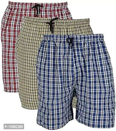 TOTO Industries Men's Multicolour Checkered Boxer Shorts Beach Shorts, Bermuda Short,Loose Fit Boxer Underwear, Button Fly Boxer Shorts,B03-(Pack of 03)