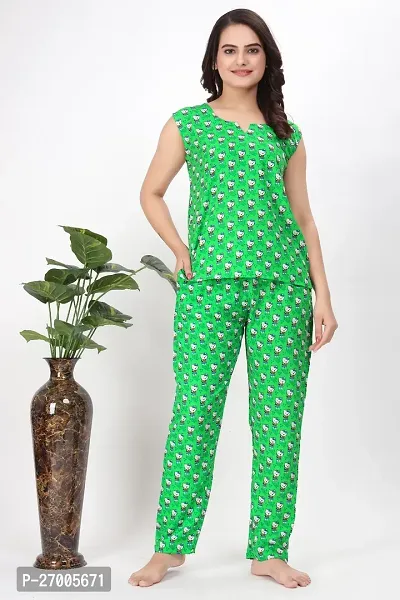 Stylish Green Polyester Printed Top  Pyjama Set For Women-thumb0