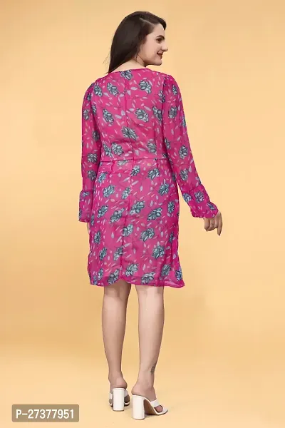 Savyo Women's Sassy Knee Length  Chiffon Printed  Dark Pink Base Grey/Black Allover Floral  Western Maxi Dress   Frock-thumb3