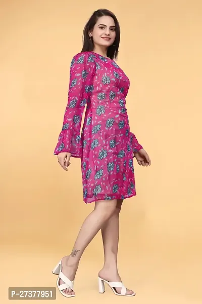 Savyo Women's Sassy Knee Length  Chiffon Printed  Dark Pink Base Grey/Black Allover Floral  Western Maxi Dress   Frock-thumb4
