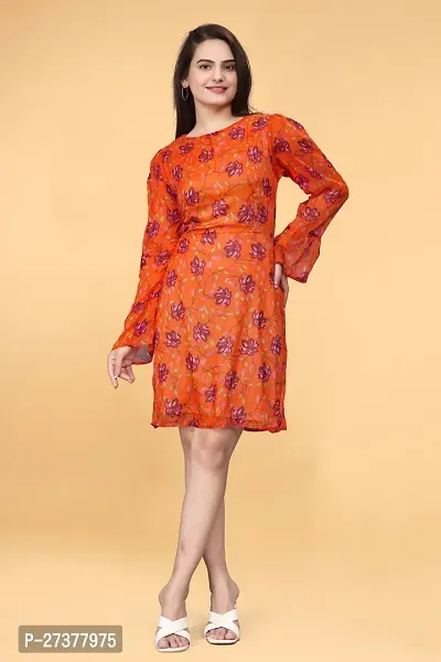 Savyo Women's Sassy Knee Length  Chiffon Printed  Orange Base Pink/Red Allover Floral  Western Maxi Dress   Frock-thumb0