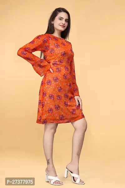 Savyo Women's Sassy Knee Length  Chiffon Printed  Orange Base Pink/Red Allover Floral  Western Maxi Dress   Frock-thumb2