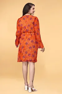 Savyo Women's Sassy Knee Length  Chiffon Printed  Orange Base Pink/Red Allover Floral  Western Maxi Dress   Frock-thumb2