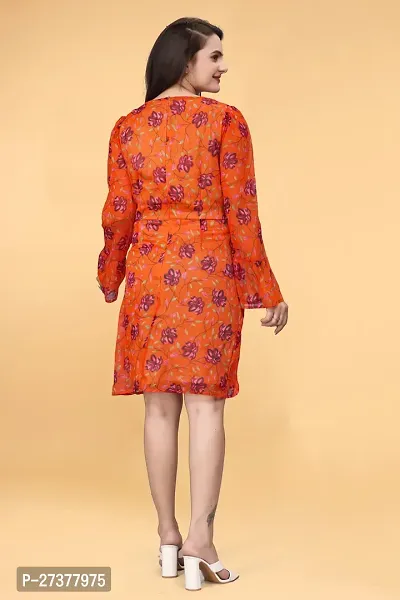 Savyo Women's Sassy Knee Length  Chiffon Printed  Orange Base Pink/Red Allover Floral  Western Maxi Dress   Frock-thumb3