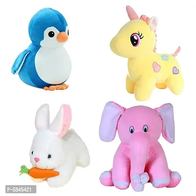 Soft Toys For Kids (Pack Of 4, Penguin, Unicorn, Rabbit With Carrot, Pink Baby Elephant)