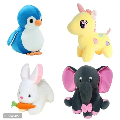 Soft Toys For Kids (Pack Of 4, Penguin, Unicorn, Rabbit With Carrot, Grey Baby Elephant)