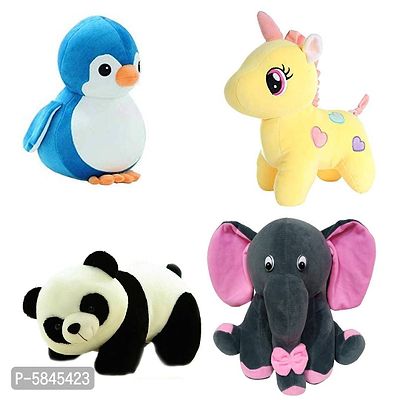 Soft Toys For Kids (Pack Of 4, Penguin, Unicorn, Panda, Grey Baby Elephant)