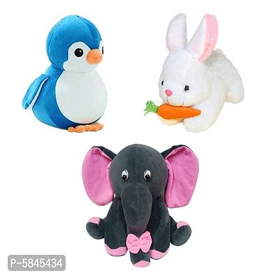Soft Toys For Kids( Pack Of 3, Grey Baby Elephant, Rabbit With Carrot, Penguin)-thumb0