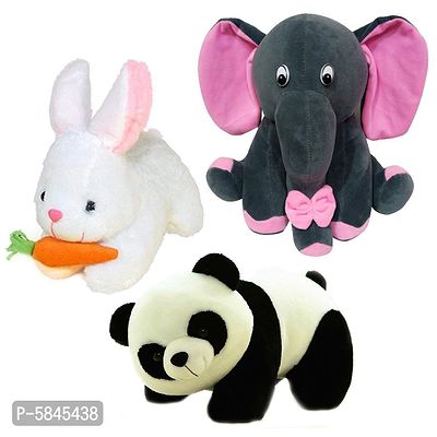 Soft Toys For Kids(Pack Of 3, Panda, Grey Baby Elephant, Rabbit With Carrot)-thumb0