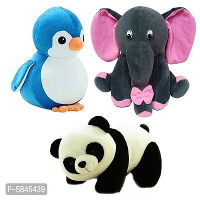 Soft Toys For Kids(Pack Of 3, Panda, Grey Baby Elephant, Penguin)-thumb0