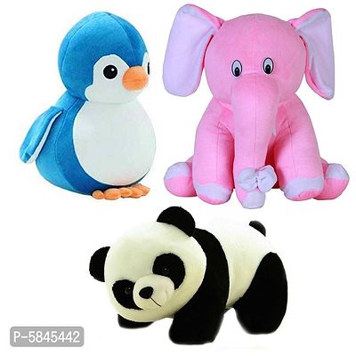 Soft Toys For Kids(Pack Of 3, Panda, Pink Baby Elephant, Penguin)-thumb0