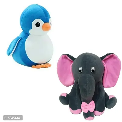 Soft Toys For Kids (Pack Of 2, Penguin, Grey Baby Elephant)