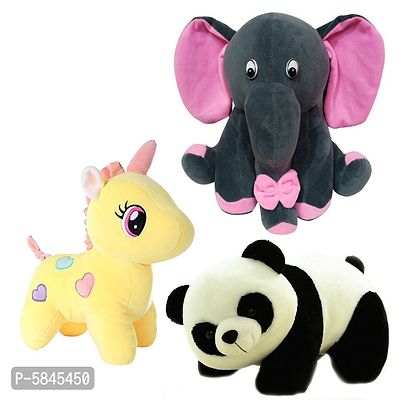 Soft Toys For Kids( Pack Of 3, Unicorn, Panda, Grey Baby Elephant)