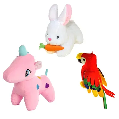 Soft Toys Combo for kids of 3 Toys // Rabbit with Carrot, Parrot and Pink Unicorn