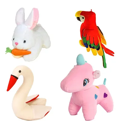 Soft Toys Combo for kids of 4 Toys // Rabbit with Carrot, Parrot, Swan and Pink Unicorn