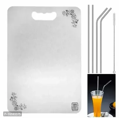 Classic Large Food Grade Stainless Steel Chopping Cutting Board For Kitchen , 2 Bend and 2 Straight Straws, 1 Cleaning Brush