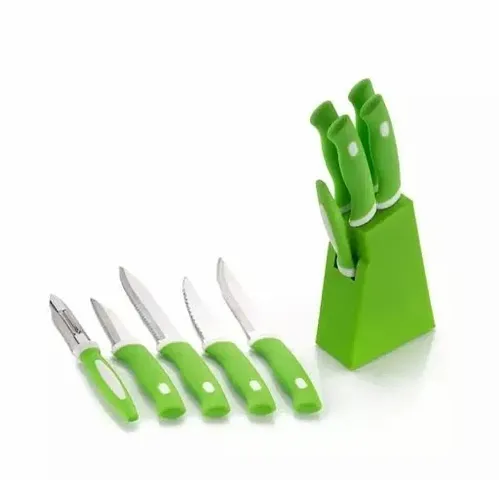 SR Knife Set with Plastic Block, Knife Set, Stainless Steel Knife Set, 5 Knife with Plastic Stand for Kitchen Set, Knife Holder for Kitchen - Random Color