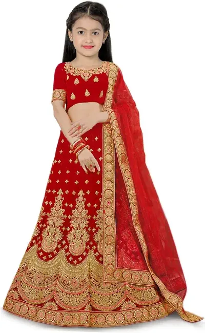 eneric The fashion prime Girl's Chanderi Ethnic Wear Embroidered Lehenga, Choli and Dupatta Set (7 To 8 Years, Red)