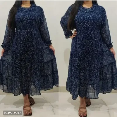 Stylish Navy Blue Georgette Printed Dresses For Women-thumb0