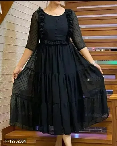Stylish Black Georgette Self Design Dresses For Women-thumb0