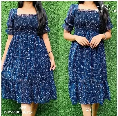 Stylish Blue Georgette Printed Dresses For Women-thumb0