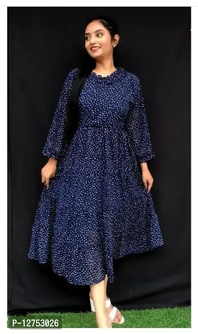 Stylish Navy Blue Georgette Printed Dresses For Women