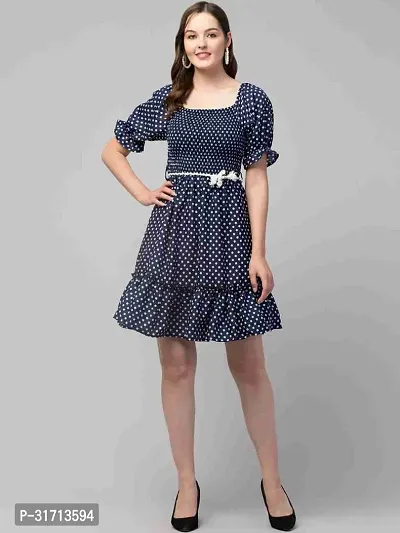 Stylish Navy Blue Crepe Polka Dot Dress for Women