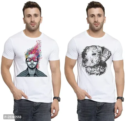 Stylish White Polycotton Half Sleeve Printed Round Neck Tees For Men Pack Of 2-thumb0