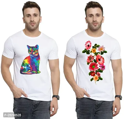 Stylish White Polycotton Printed Round Neck Tees For Men Pack Of 2