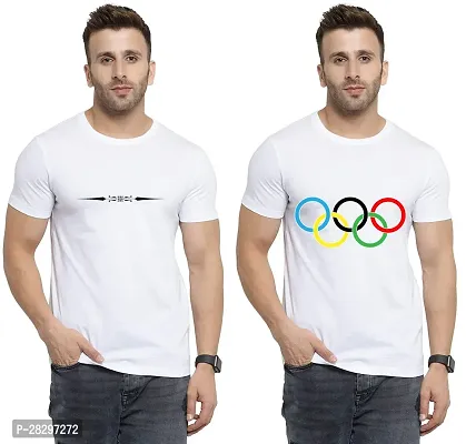 Stylish White Polycotton Printed Round Neck Tees For Men Pack Of 2