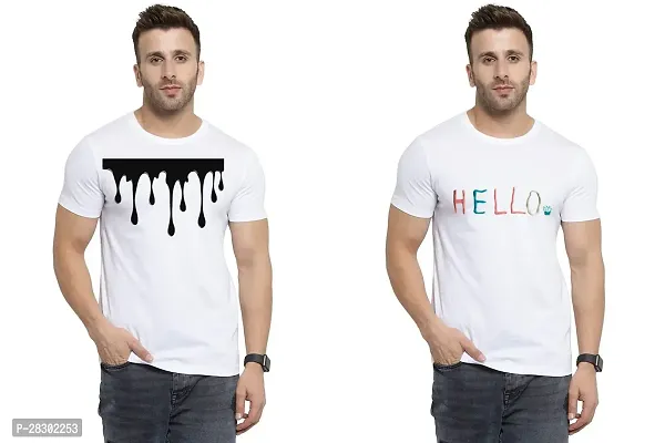 Stylish White Polycotton Half Sleeve Printed Round Neck Tees For Men Pack Of 2