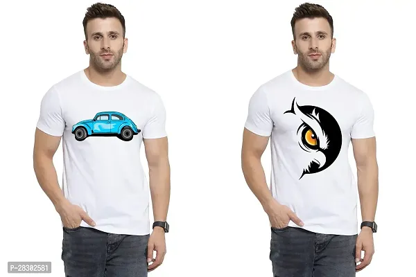 Stylish White Polycotton Half Sleeve Printed Round Neck Tees For Men Pack Of 2