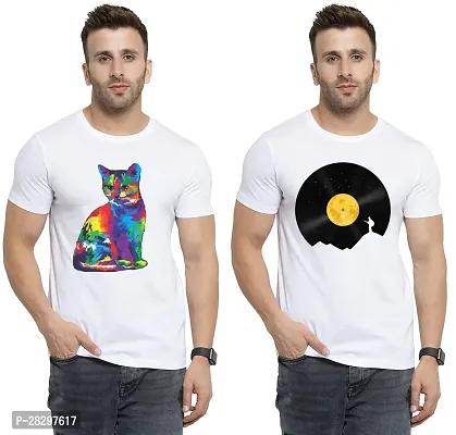 Stylish White Polycotton Printed Round Neck Tees For Men Pack Of 2