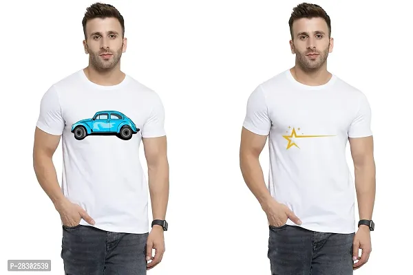 Stylish White Polycotton Half Sleeve Printed Round Neck Tees For Men Pack Of 2