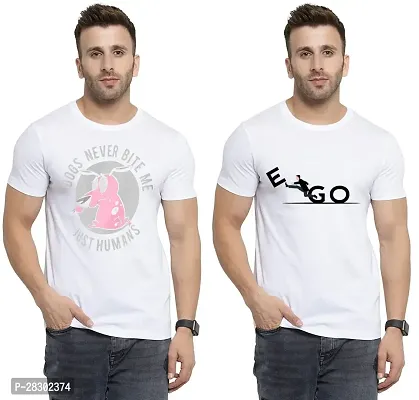 Stylish White Polycotton Half Sleeve Printed Round Neck Tees For Men Pack Of 2