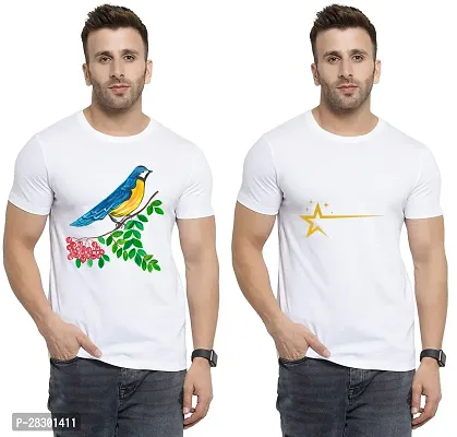 Stylish White Polycotton Half Sleeve Printed Round Neck Tees For Men Pack Of 2